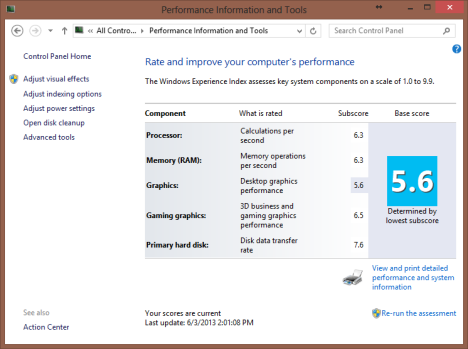 Indice di esperienza di Windows, valutazione, punteggio, Windows 8, Windows 7