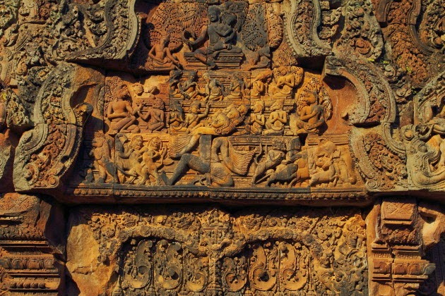Intricate carvings on Banteay Srei temple walls