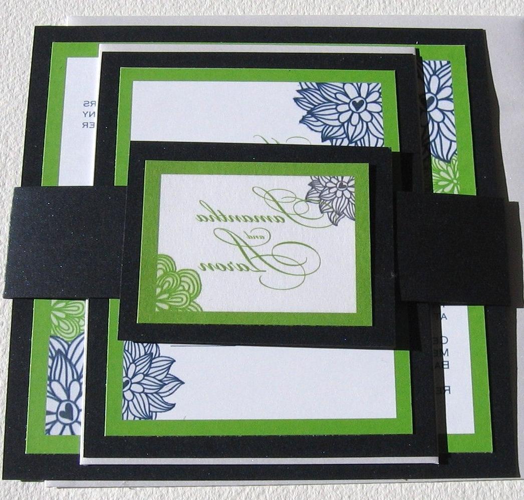 Blue Wedding Invitation, Green border with Dark Blue Backing and Green and