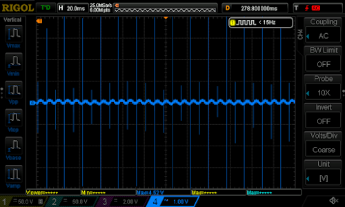 Output from the REC-30 power supply, showing a small amount of ripple and switching spikes.