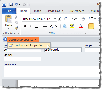 Selezione delle proprietà avanzate in Word 2010