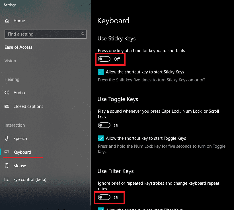 Désactivez le bouton Basculer pour les touches rémanentes et les touches de filtre |  Correction de la barre d'espace ne fonctionnant pas sur Windows 10