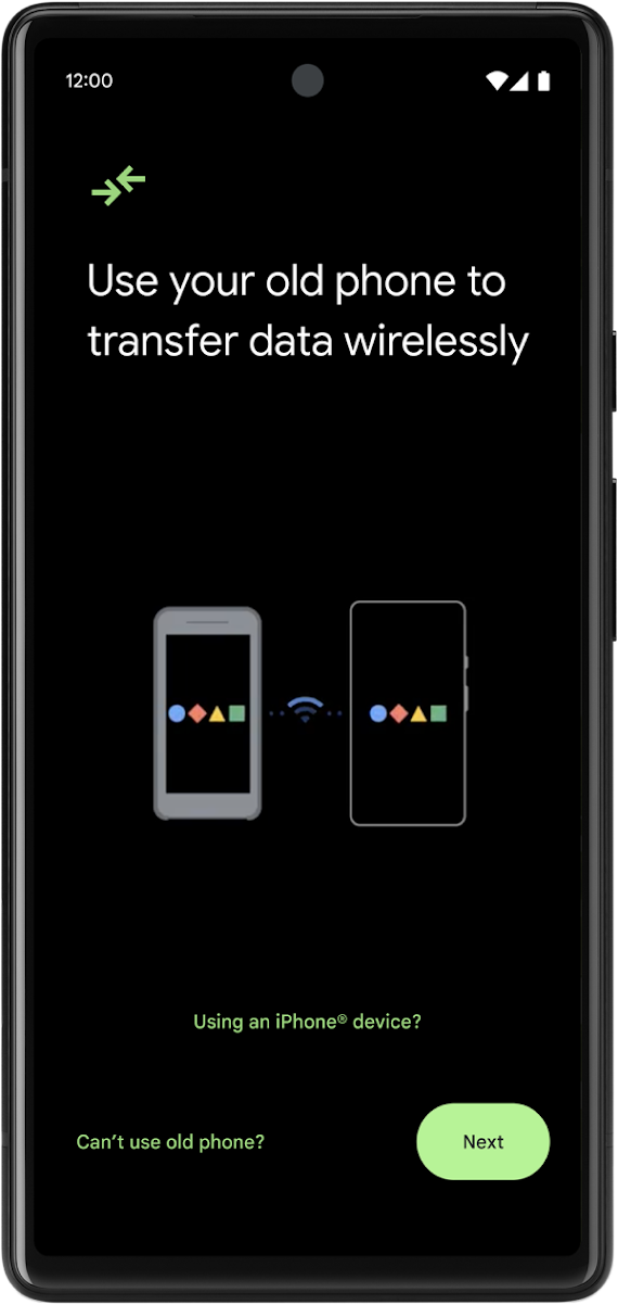 En telefon som visar den nya Android 12-funktionen för att byta telefon. Texten på skärmen lyder Använd din gamla telefon och överför data trådlöst.