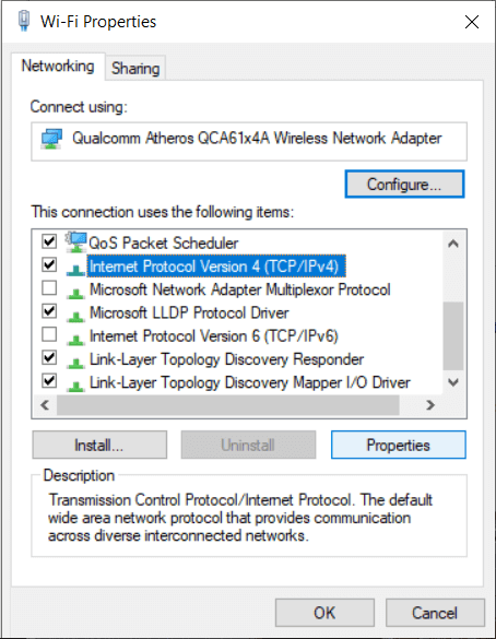 เลือก Internet Protocol รุ่น 4 และคลิก Properties ~ แก้ไขข้อผิดพลาดที่ไม่สามารถเข้าถึงไซต์นี้ใน Google Chrome