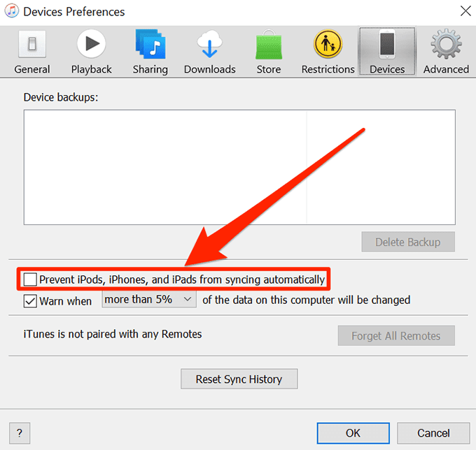 Casilla de verificación Impedir que iPods, teléfonos y iPads se sincronicen automáticamente