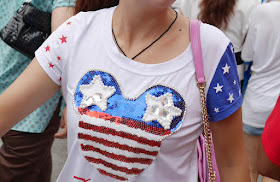 shirt with a mouse/panda-like head shape filled with an American-flag themed design