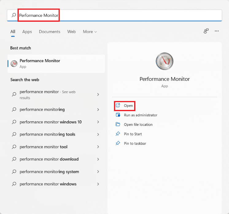 Resultados de la búsqueda del menú Inicio para el Monitor de rendimiento.  Formas de acelerar Windows 11