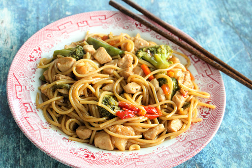 A bowl of Stir Mein (Stir Fry/Lo Mein) with chopsticks.