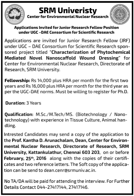 Nanoscaffold Wound Dressing | SRM JRF Vacancy