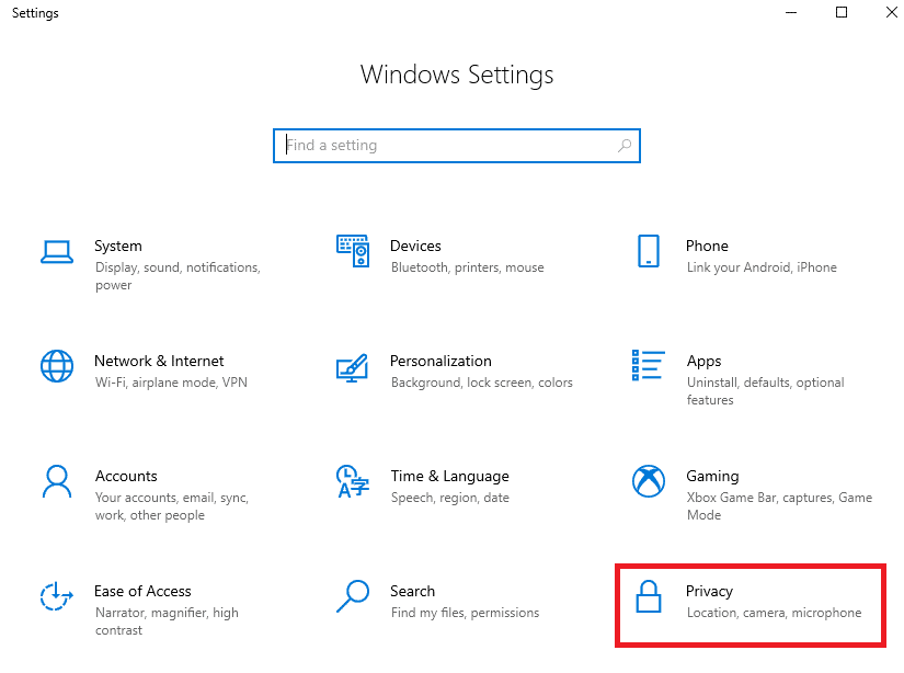 Nyní vyberte možnost Soukromí v okně Nastavení systému Windows