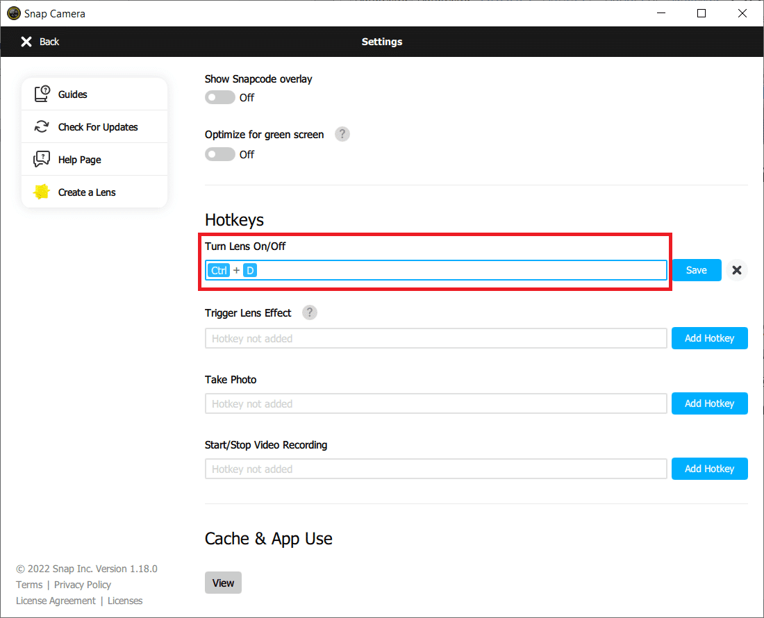 Na stránce Nastavení přejděte dolů a uložte klávesovou zkratku v části Turn Lens On Off