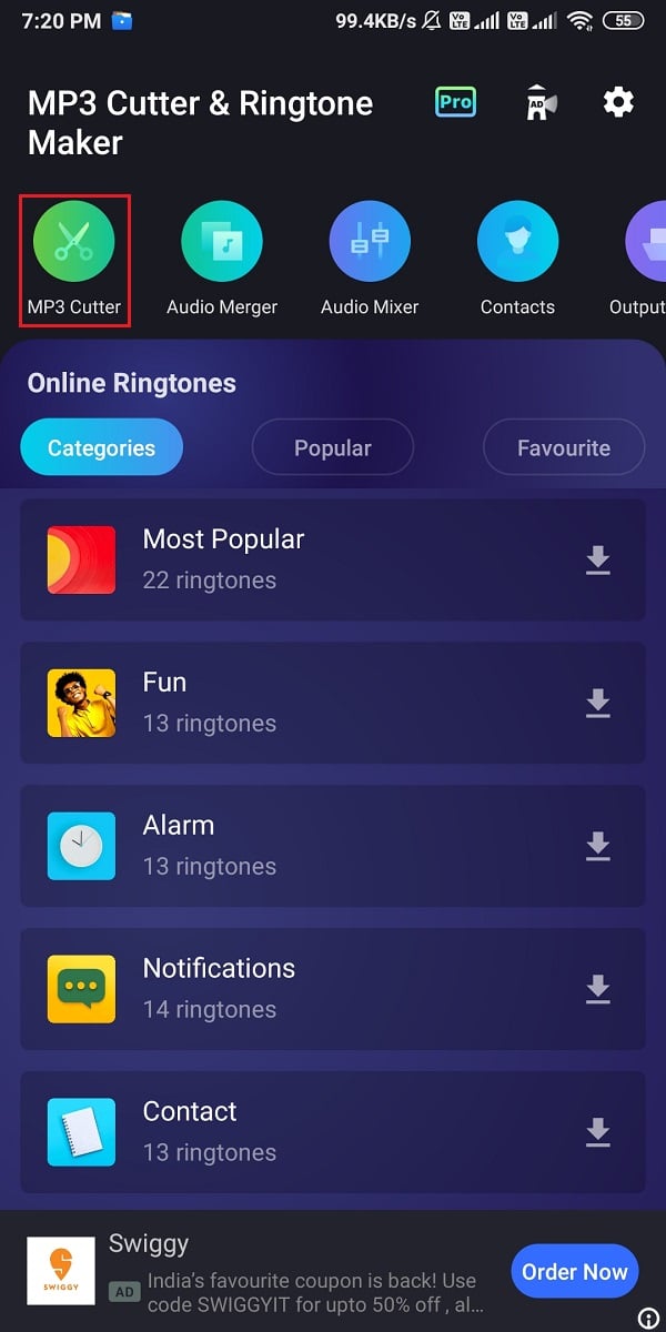 Haga clic en MP3 Cutter desde la parte superior de su pantalla |  Haz una canción de YouTube como tono de llamada en Android