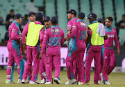 Durban Heat celebrates Rashid khan's first wicket during the Mzansi Super League match between Durban Heat and Nelson Mandela Bay Giants at Kingsmead on December 05, 2018 in Durban, South Africa. 