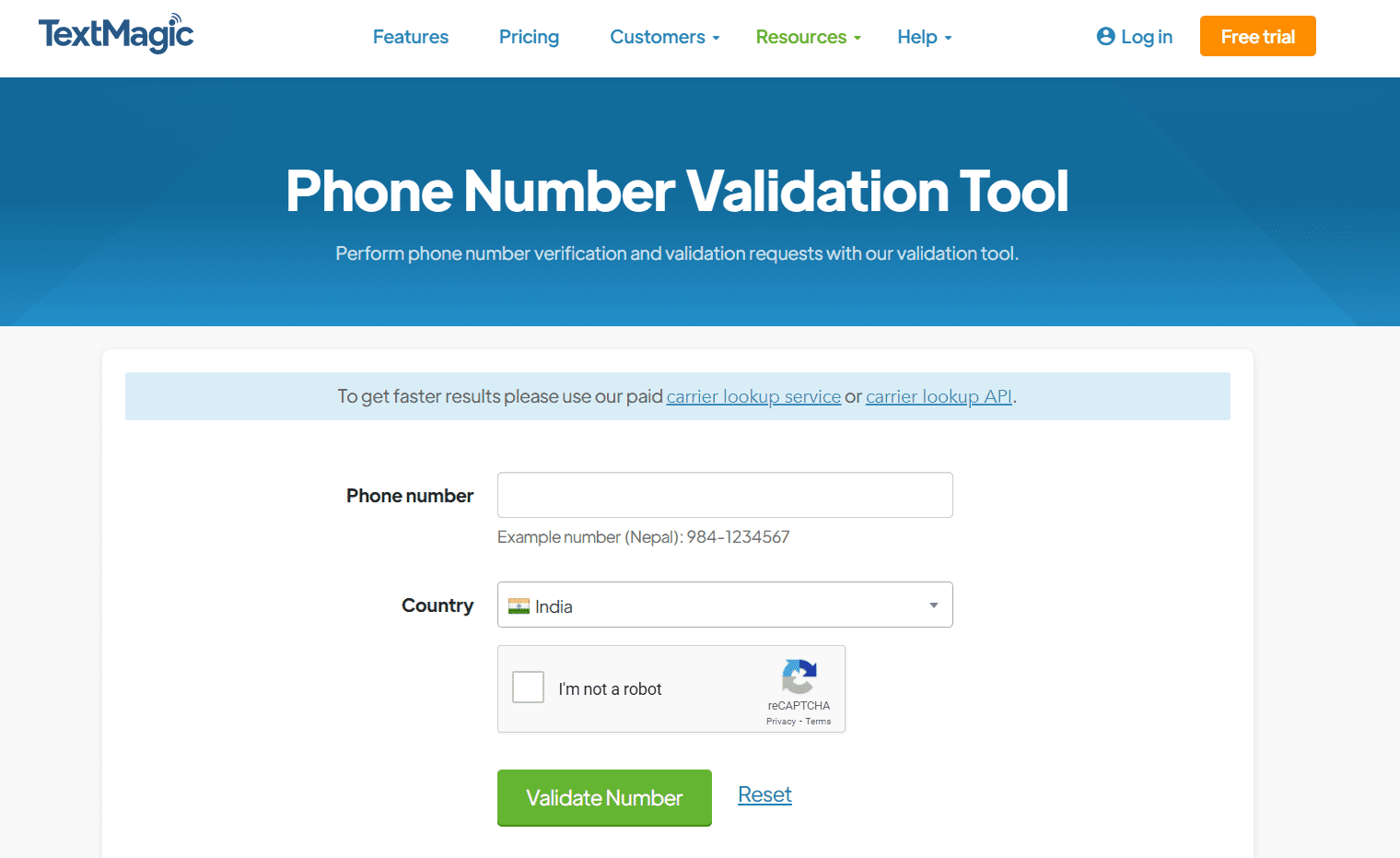 Page Web de l'outil de validation des numéros de téléphone