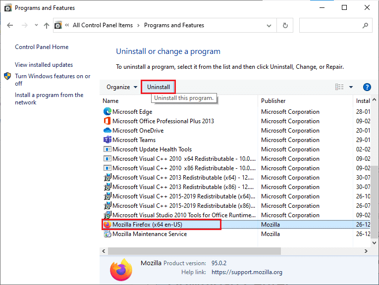 cliquez sur Firefox et sélectionnez l'option Désinstaller