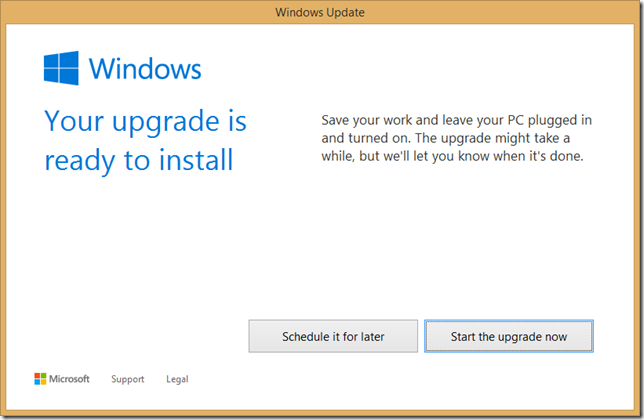 Dialog prompting to start the upgrade now