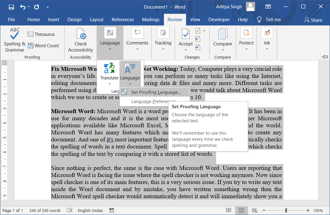 Klik op het tabblad Controleren en vervolgens op Taal en selecteer de optie Proofingtaal instellen