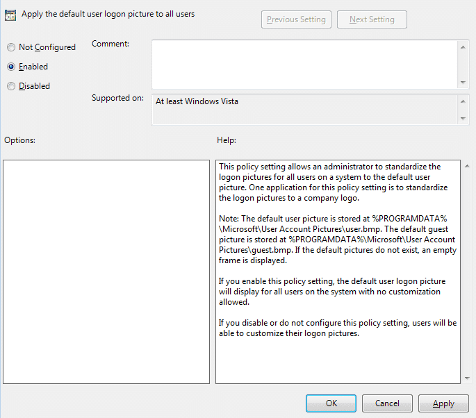 Establezca Aplicar la imagen de cuenta predeterminada a la política de todos los usuarios en Habilitado