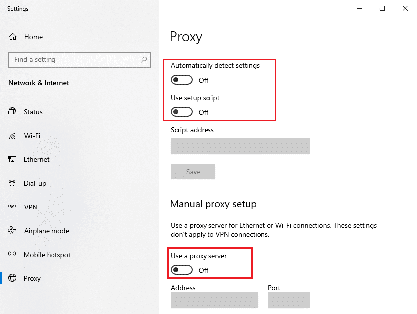 Aquí, desactive las opciones Detectar automáticamente la configuración, Usar script de configuración y Usar un servidor proxy.