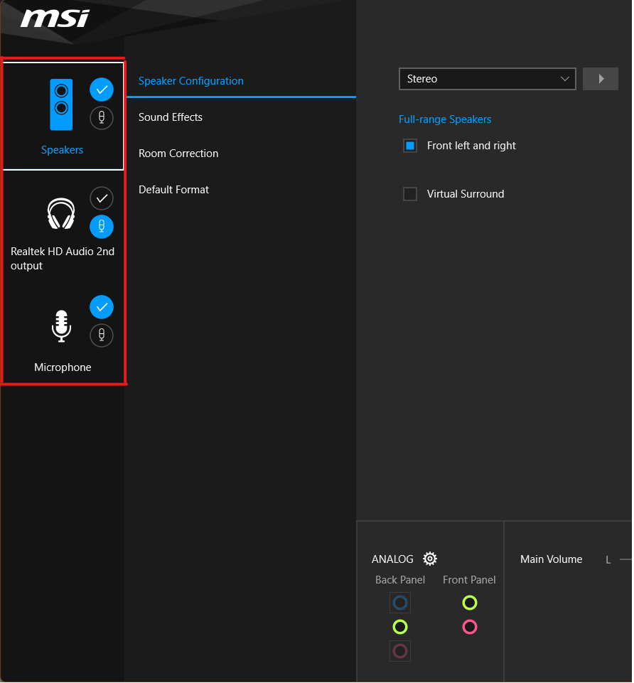 เลือกอุปกรณ์ในคอนโซลเสียง Realtek