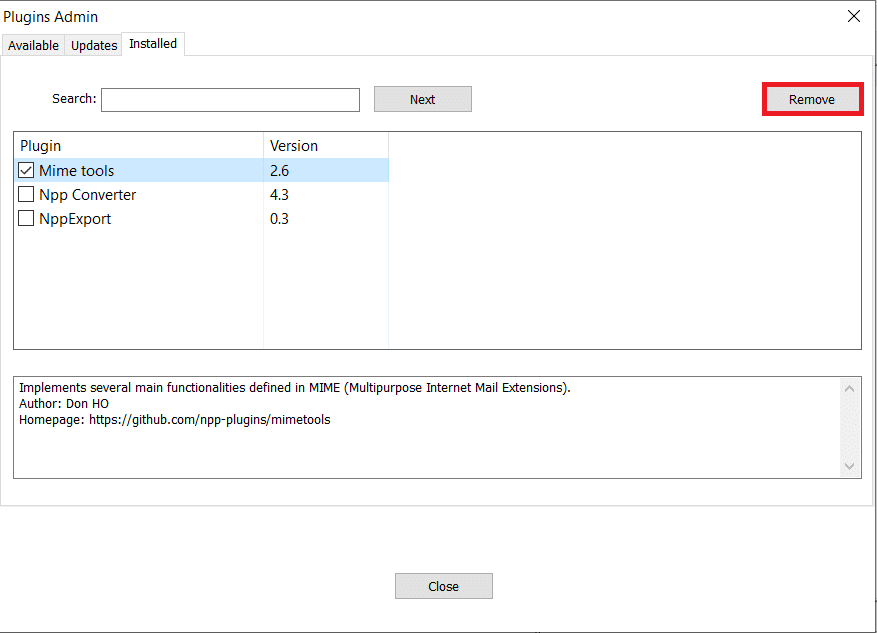 Vaya a la pestaña Instalado y seleccione los complementos que desea eliminar.  Haz clic en Quitar en la parte superior