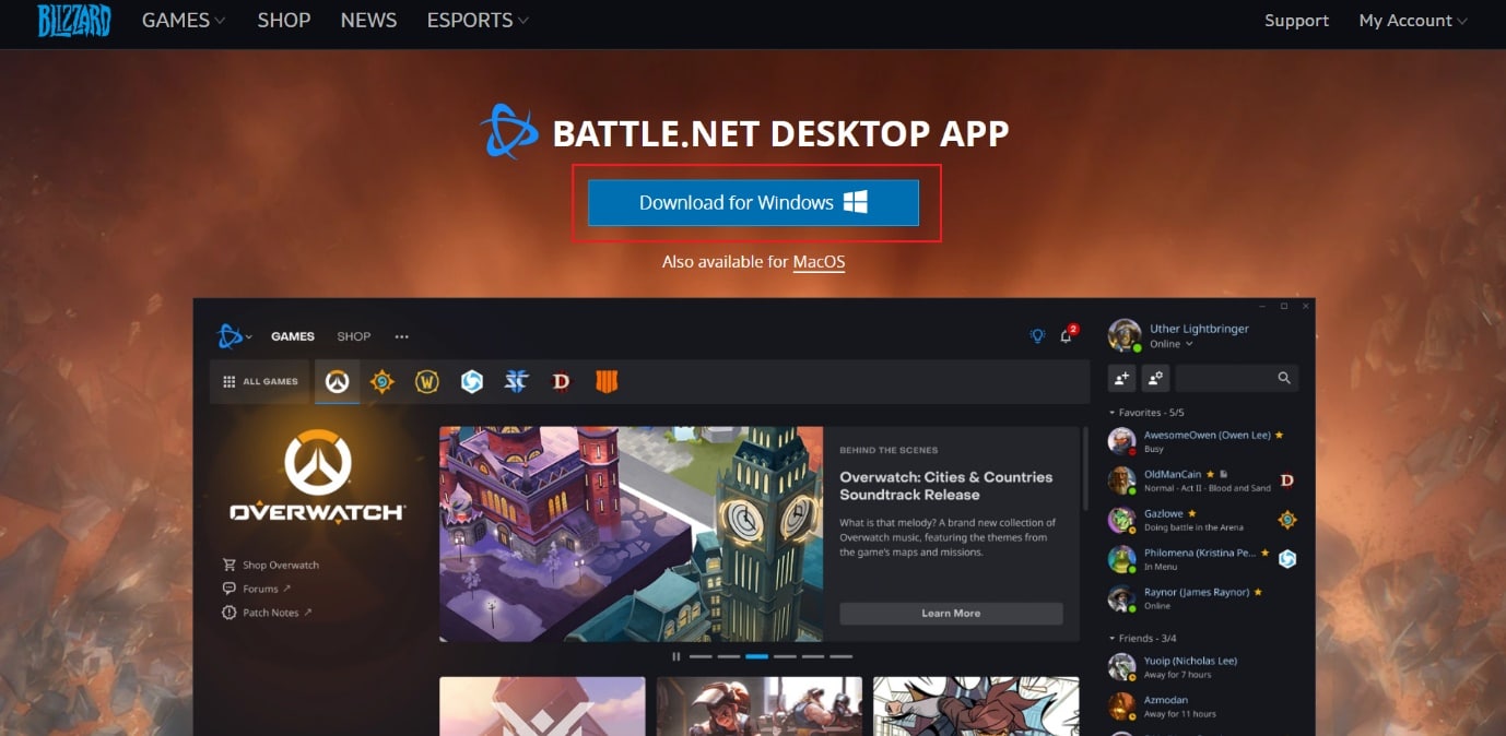 Battle.net 공식 다운로드 페이지.  다른 설치 또는 업데이트 문제를 기다리는 Battle.net 수정