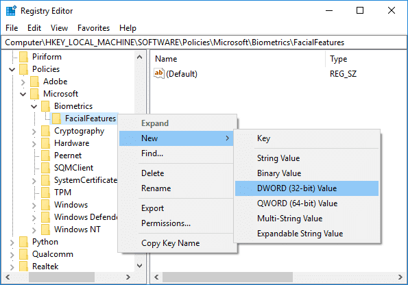 Haga clic derecho en FacialFeatures, luego seleccione Nuevo y luego haga clic en Valor DWORD (32 bits)