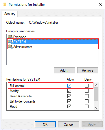 システムと管理者の両方でフルコントロールがチェックされていることを確認してください