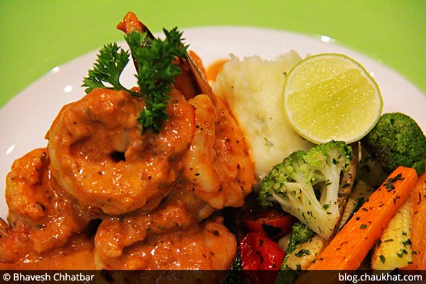 Cajun Spiced Shrimps with Potato Mash served at 212 All Day Cafe & Bar at Phoenix Marketcity in Pune