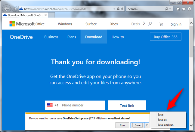 Guardar y ejecutar el archivo de instalación de OneDrive