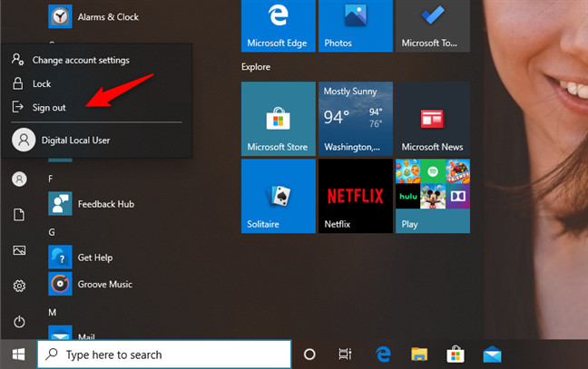 Esci o cambia account utente in Windows 10