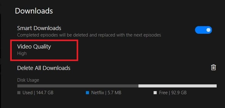 Nel pannello dei download, fai clic su qualità video |  Come modificare la qualità video di Netflix sul tuo computer?