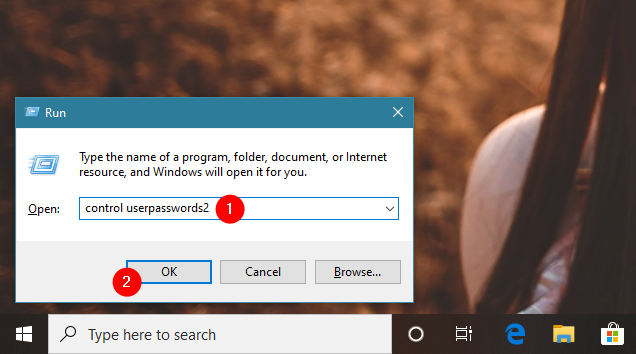 Utilisation de la zone Exécuter pour exécuter la commande control userpasswords2