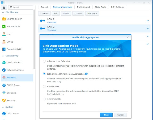 Включение агрегации каналов на Synology DiskStation DS418