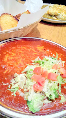 Keeping with The Shed’s tradition, their New Mexican dishes are served with French garlic bread. I think I had the best dish since I got the cheese enchiladas (vegetarian so we could bot enjoy) in the legendary red chile sauce served with pinto beans & posole.