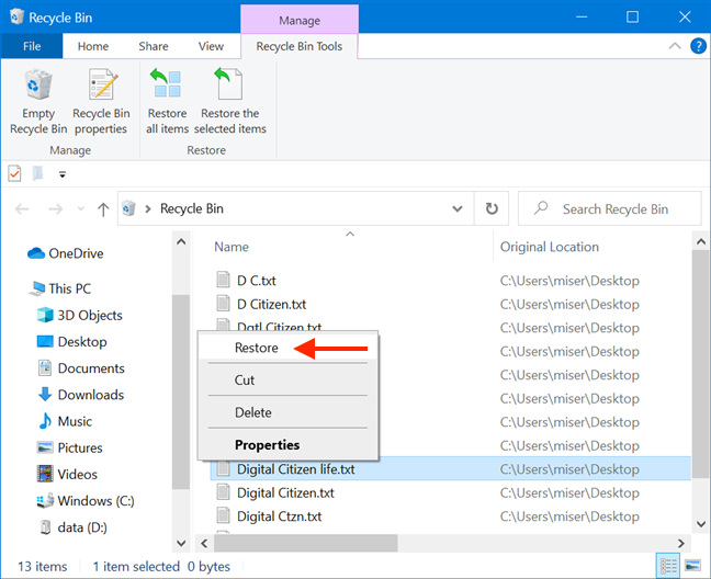Restaurer les fichiers supprimés de la corbeille de Windows 10
