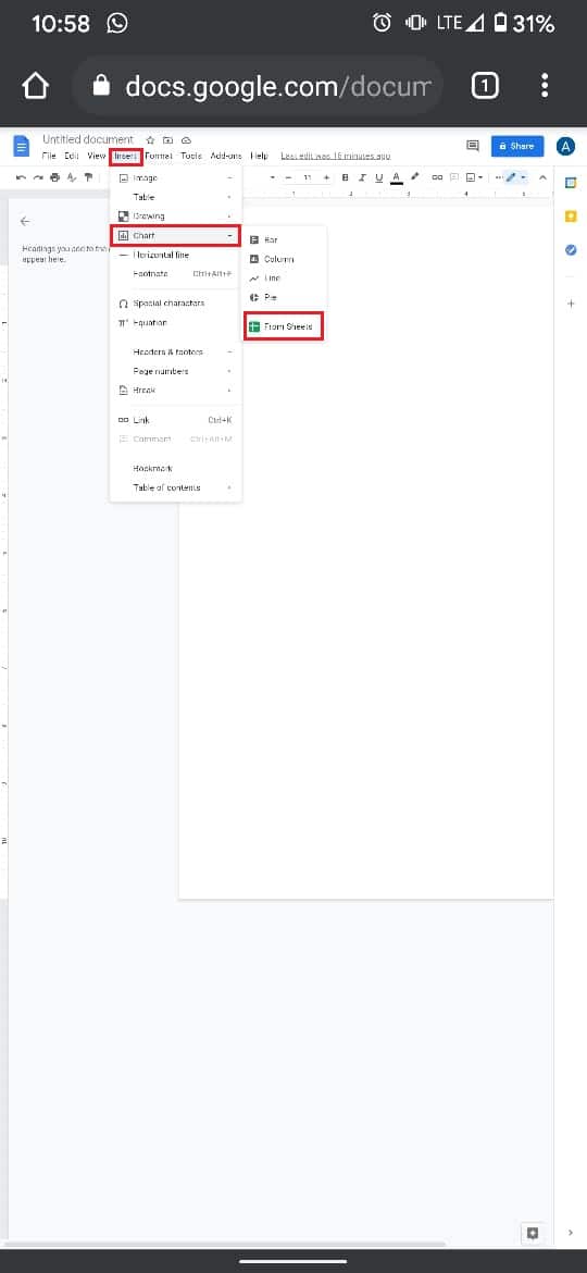 Toque insertar, gráficos, desde hojas y seleccione su hoja de Excel