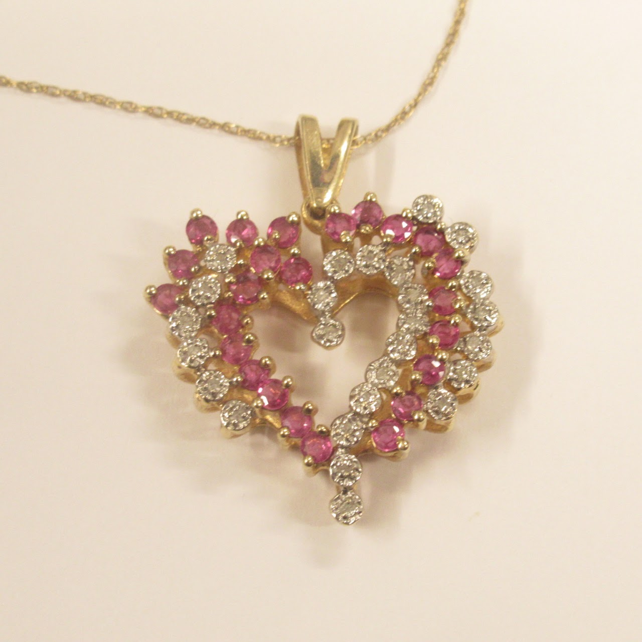 10K Gold, Diamond, and Pink Stone Heart Pendant Necklace