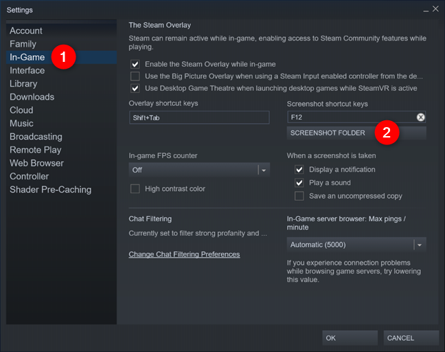 Il pulsante della cartella screenshot dalle impostazioni di gioco di Steam