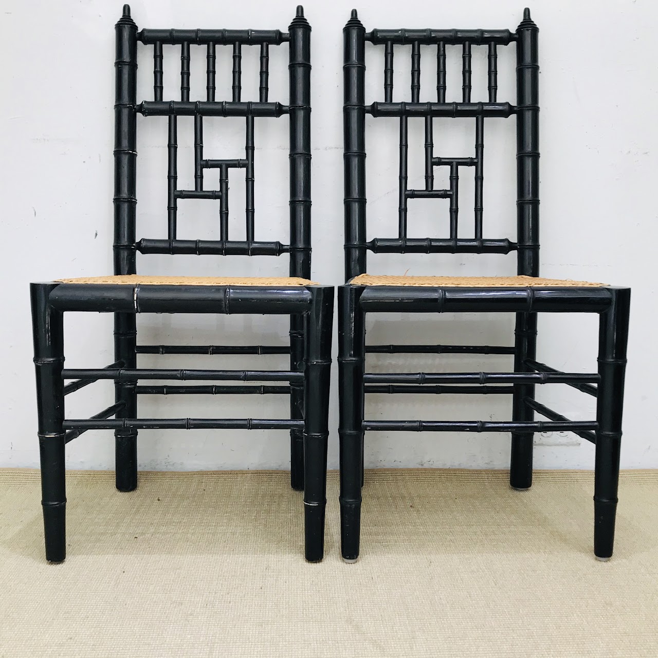 Ebonized Faux Bamboo Cane Seat Side Chair Pair