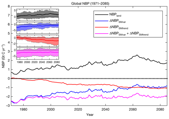 Global net biome productivity (NBP) during the twenty-first century, under continuously declining surface moisture. Graphic: Green, et al., 2019 / Nature