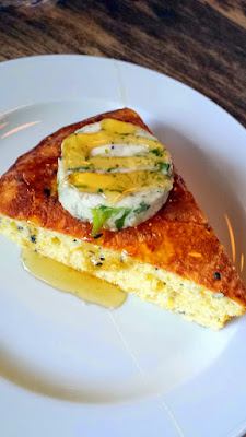 Course 2: one of the side dishes to the Korean Fried Stray Bird of Black Sesame Seed Corn Bread with Warm Brown Rice Syrup and Charred Ramp Butter at Stray Birds, a pop up by Stray Dogs PDX in May 2015