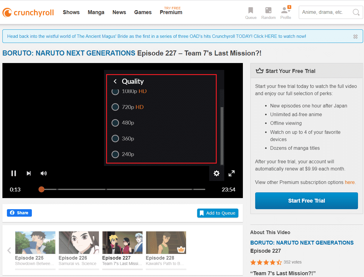 Crunchyroll 웹 페이지에서 비디오 품질을 하나 선택하십시오.  Crunchyroll이 작동하지 않는 문제를 해결하는 방법