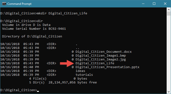 ใช้ DIR เพื่อดูเนื้อหาของไดเร็กทอรีใน Command Prompt