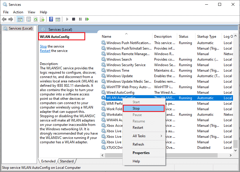 サービスステータスが実行中の場合は、[停止]ボタンをクリックします