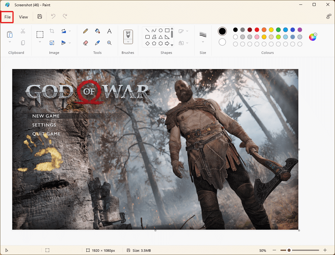 Gdy obraz otworzy się w Paint, kliknij opcję menu Plik w lewym górnym rogu.  jak drukować duże obrazy na wielu stronach Windows 11