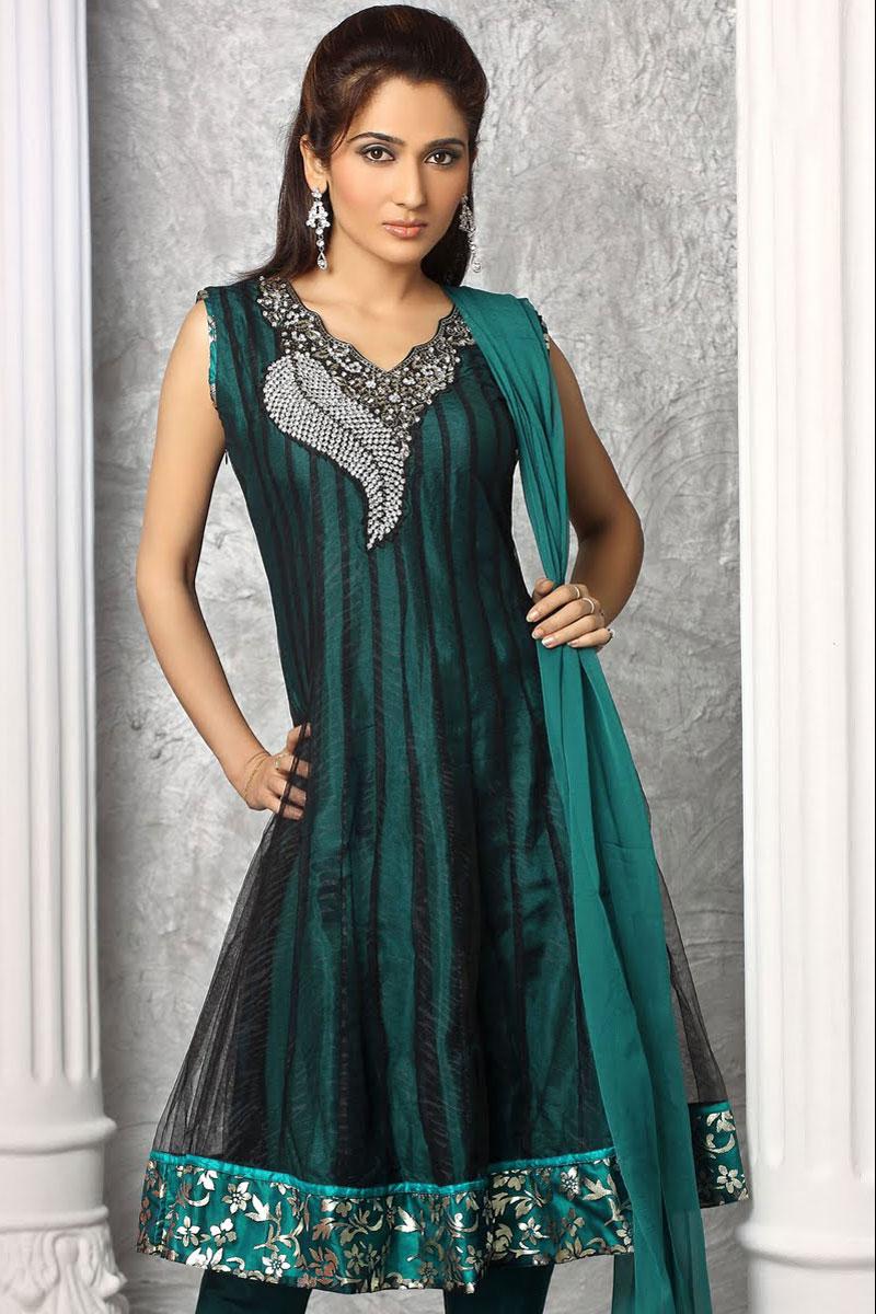 Black and Teal Blue Crepe Embroidered Anarkali Churidar Kameez   128.00