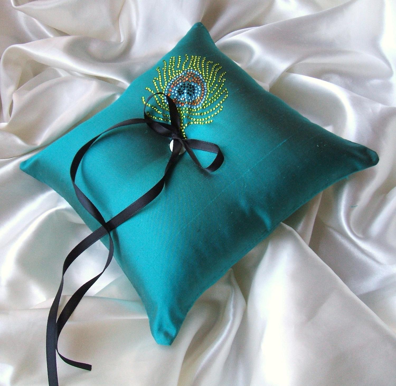 Dupioni Silk Ring Bearer Pillow with Rhinestone Encrested Feather.