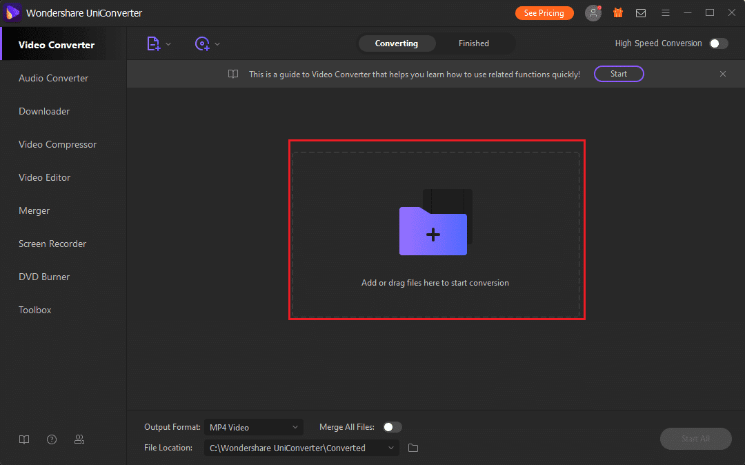 devi trascinare e rilasciare i file video di grandi dimensioni affinché il software comprima le dimensioni del file.