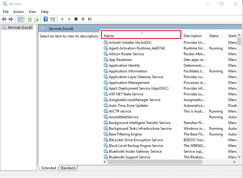 Haga clic en Nombre para ordenar los Servicios.  Arreglar el control de volumen de Windows 10 que no funciona